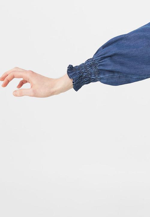 MANGO - Frilled Denim Shirt Mid Blue