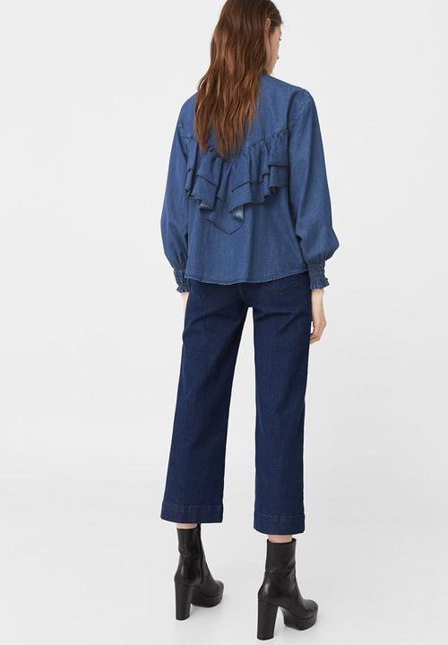 MANGO - Frilled Denim Shirt Mid Blue