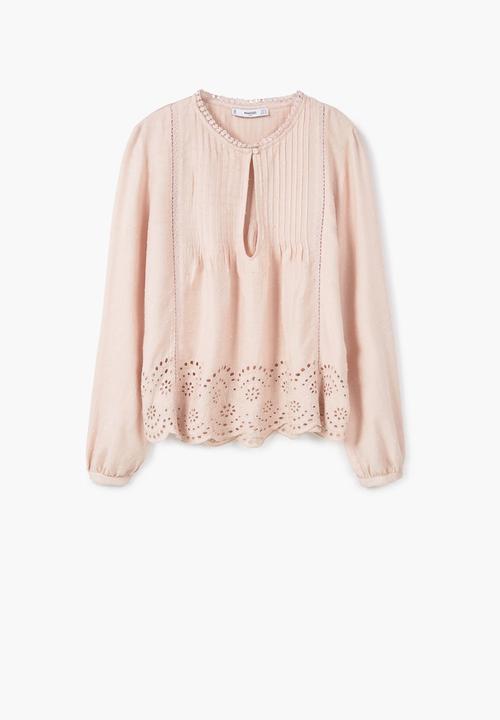 MANGO - Plaid Front-tie Blouse Pale Pink