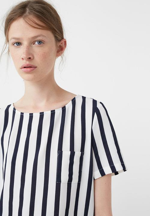 MANGO - Striped Chest-pocket Blouse Blue and White