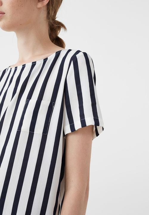 MANGO - Striped Chest-pocket Blouse Blue and White