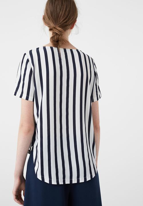 MANGO - Striped Chest-pocket Blouse Blue and White