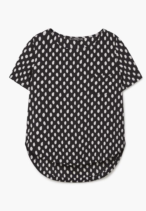 MANGO - Spotted Chest-pocket Blouse Black and White