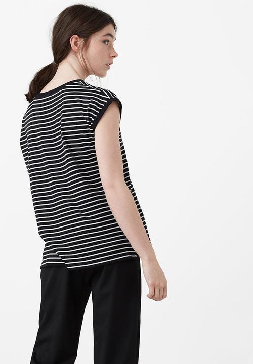 MANGO - Striped Cap Sleeve T-shirt Black and White