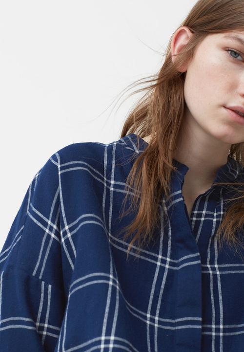 MANGO - Check Blouse with Pleating Detail Navy