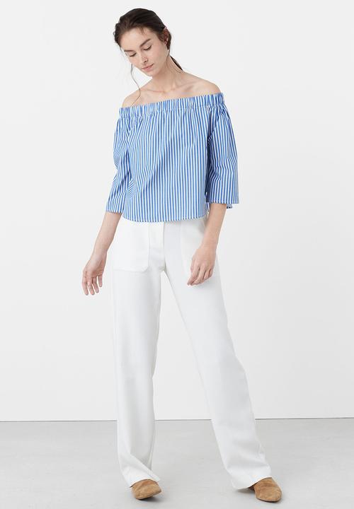 MANGO - Off the Shoulder Poplin Blouse Blue and White