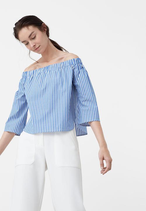 MANGO - Off the Shoulder Poplin Blouse Blue and White
