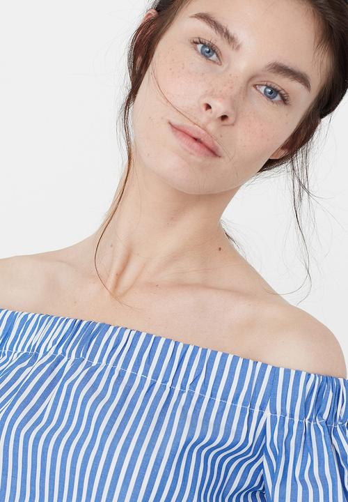 MANGO - Off the Shoulder Poplin Blouse Blue and White