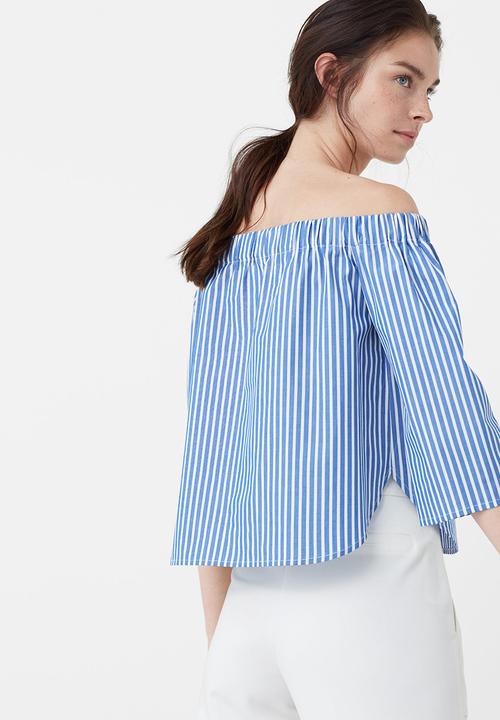 MANGO - Off the Shoulder Poplin Blouse Blue and White