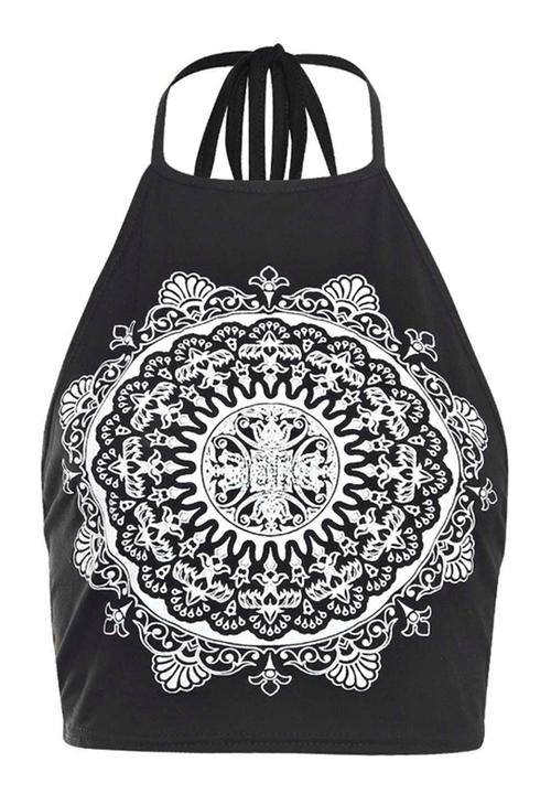 BoohooDNU - Ethnic Print Halter Tie Crop Top Black