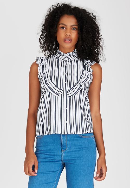 STYLE REPUBLIC - Frill Detail Shirt Blue and White