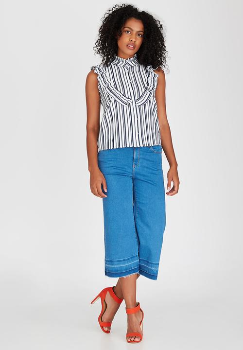 STYLE REPUBLIC - Frill Detail Shirt Blue and White