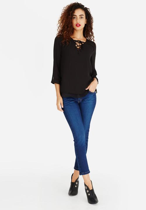 ONLY - Lace-up 3/4 Sleeve Blouse Black