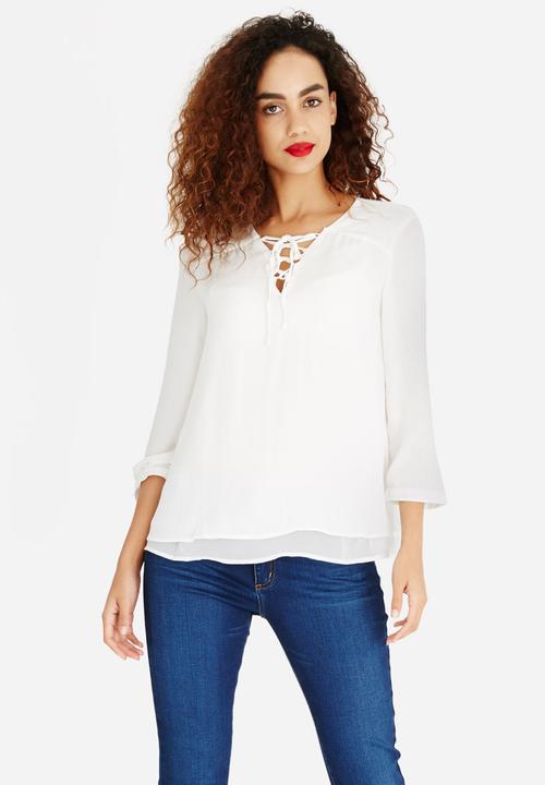 ONLY - Lace-up 3/4 Sleeve Blouse White