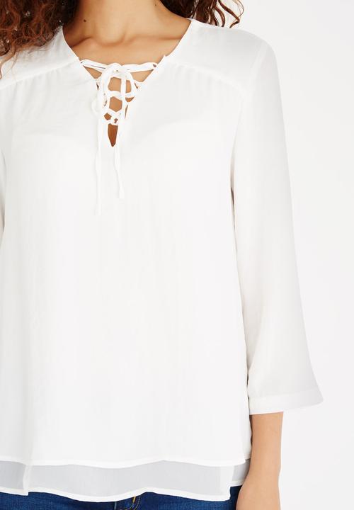 ONLY - Lace-up 3/4 Sleeve Blouse White