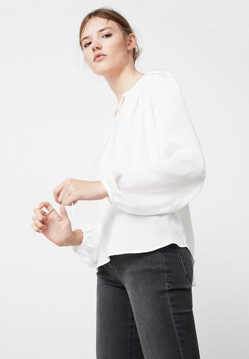MANGO - Lace-up Blouse Off White