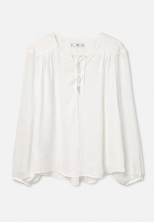 MANGO - Lace-up Blouse Off White