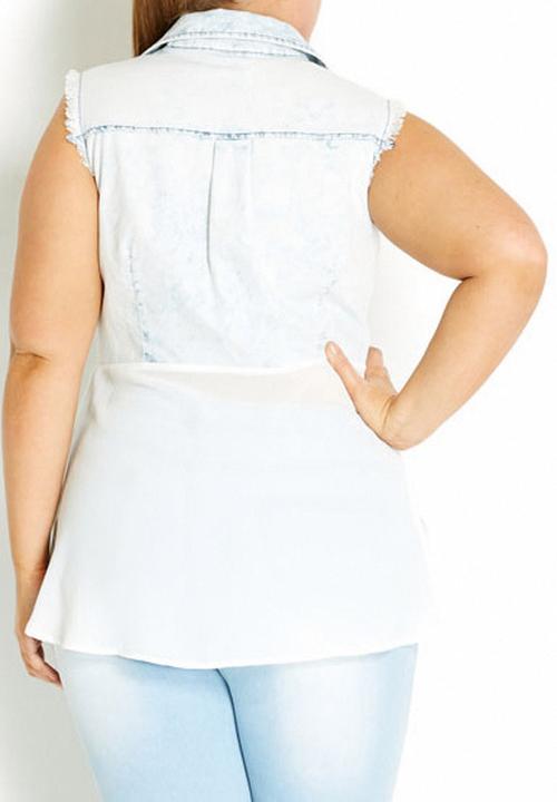 City Chic - Embellished denim and chiffon shirt pale Blue