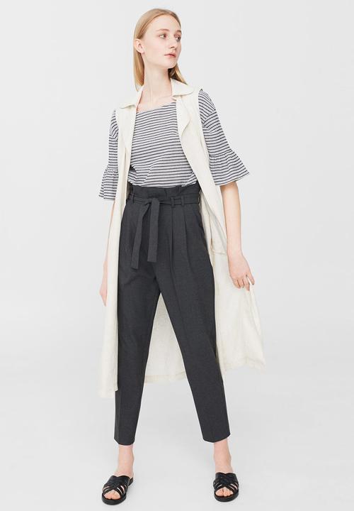 MANGO - Striped Ruffled Sleeve T-shirt Black