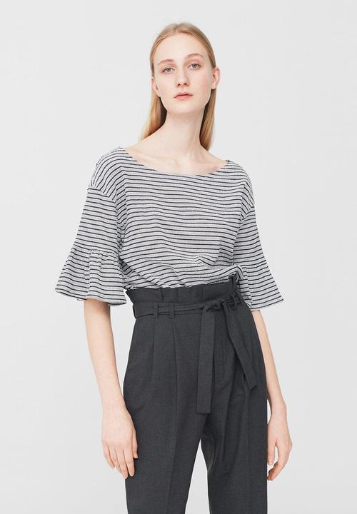 MANGO - Striped Ruffled Sleeve T-shirt Black