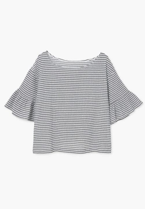 MANGO - Striped Ruffled Sleeve T-shirt Black