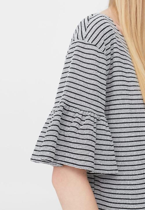 MANGO - Striped Ruffled Sleeve T-shirt Black