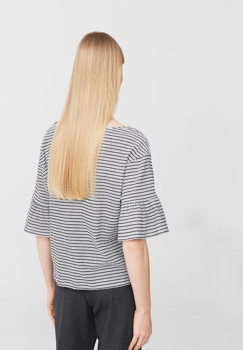 MANGO - Striped Ruffled Sleeve T-shirt Black