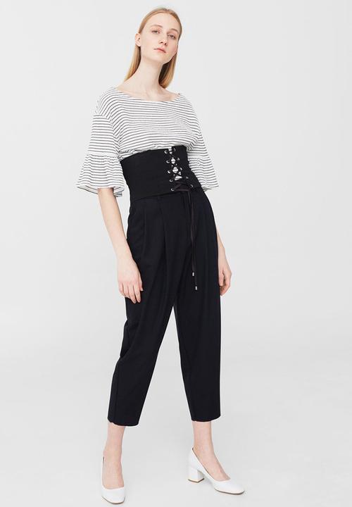 MANGO - Striped Ruffled Sleeve T-shirt Cream