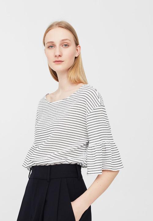 MANGO - Striped Ruffled Sleeve T-shirt Cream