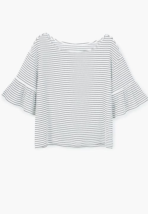 MANGO - Striped Ruffled Sleeve T-shirt Cream