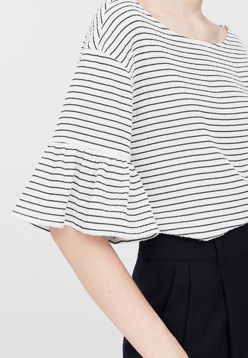 MANGO - Striped Ruffled Sleeve T-shirt Cream