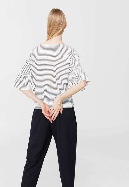 MANGO - Striped Ruffled Sleeve T-shirt Cream