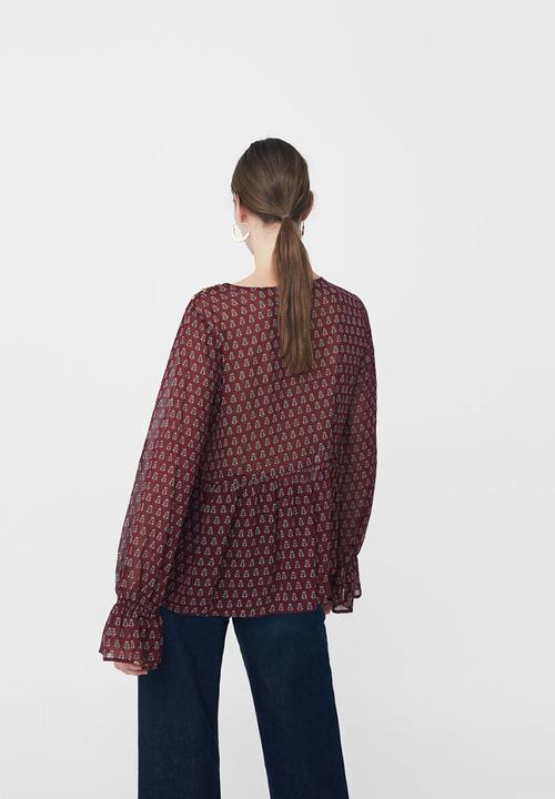 MANGO - Frill Detail Blouse Dark Red