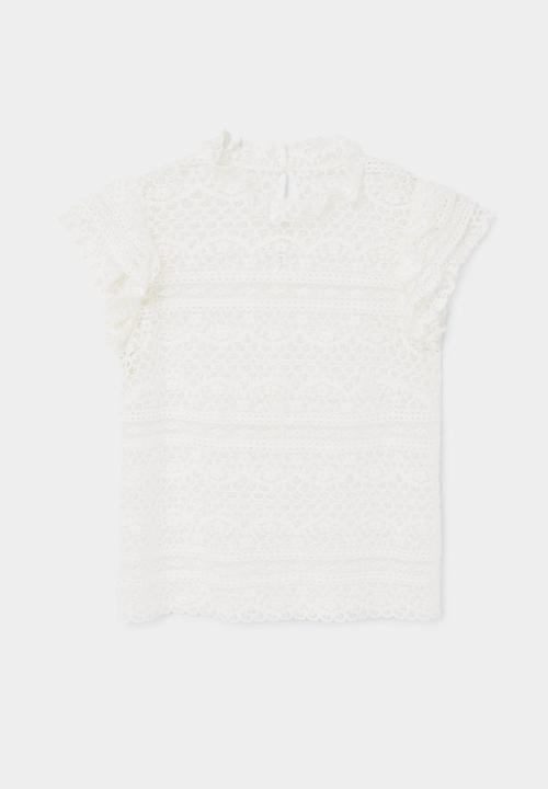 MANGO - Frill Detail Lace Blouse White