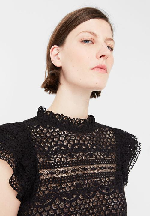 MANGO - Frill Detail Lace Blouse Black