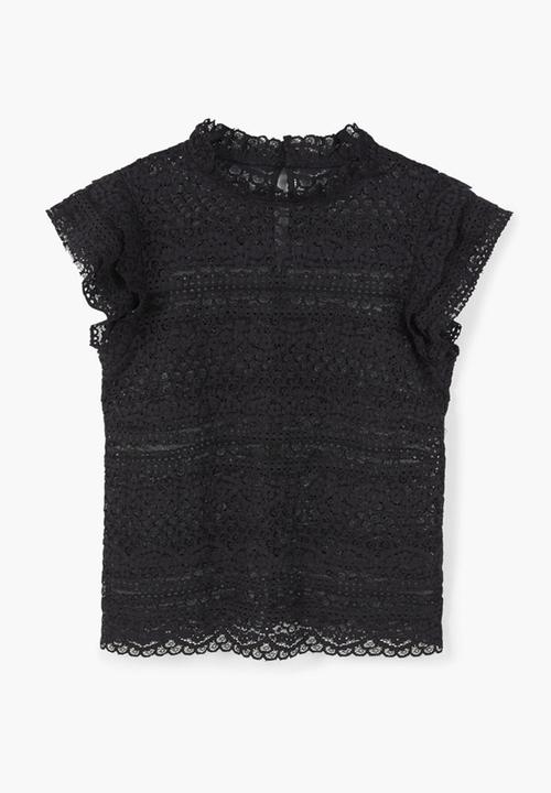 MANGO - Frill Detail Lace Blouse Black