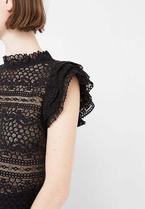 MANGO - Frill Detail Lace Blouse Black