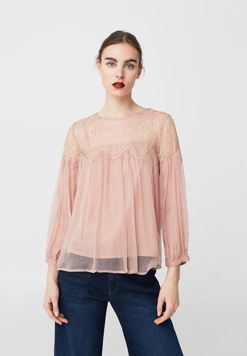 MANGO - Lace Panel Blouse Pale Pink