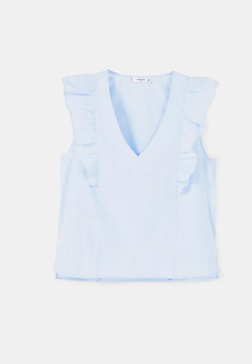 MANGO - Ruffle Detail Blouse Pale Blue