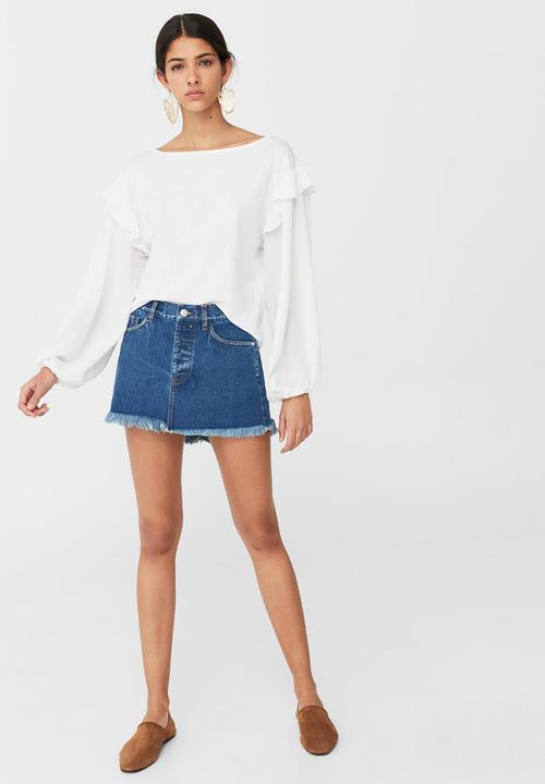 MANGO - Frayed Edge Denim Skirt Mid Blue