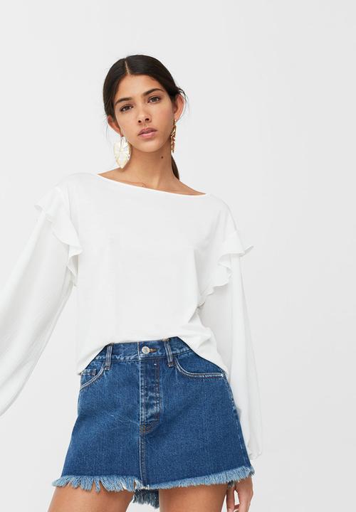 MANGO - Frayed Edge Denim Skirt Mid Blue