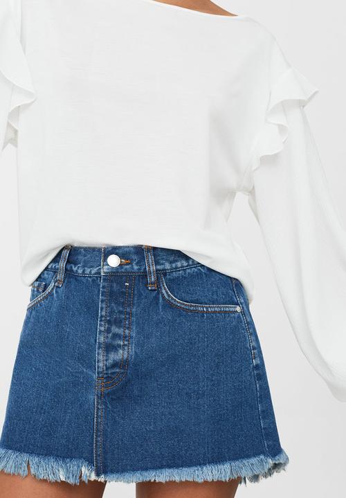 MANGO - Frayed Edge Denim Skirt Mid Blue