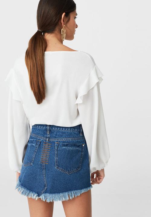 MANGO - Frayed Edge Denim Skirt Mid Blue