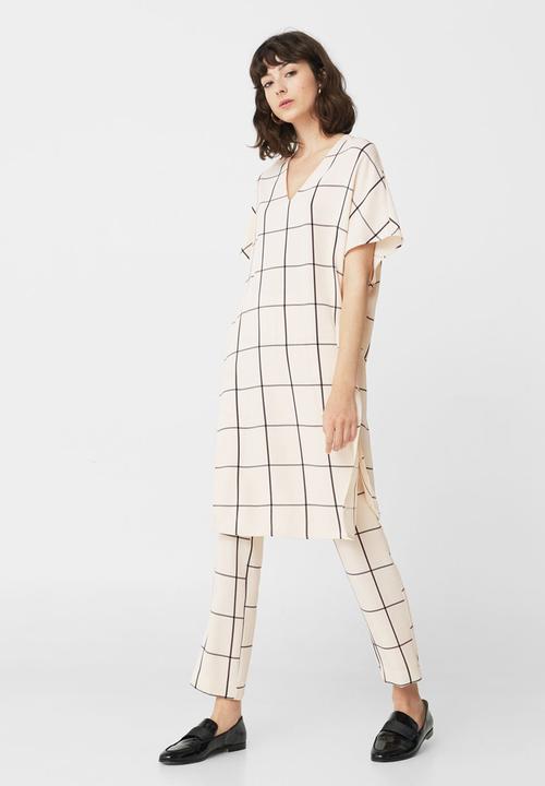 MANGO - Flowy Check Pattern Blouse Beige