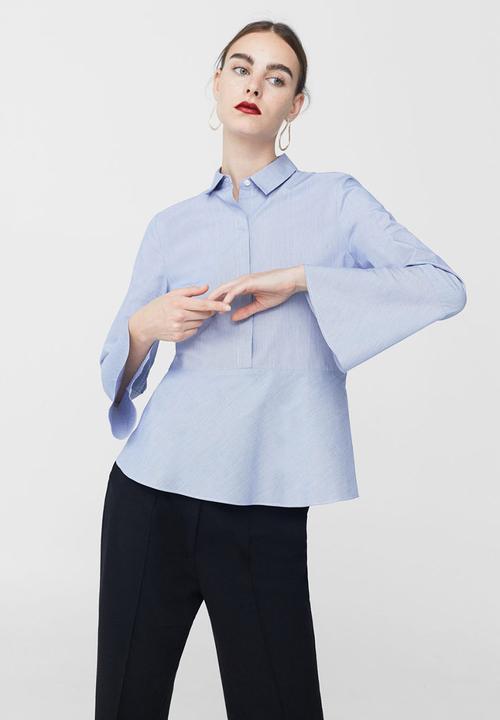 MANGO - Ruffled Sleeve Shirt Pale Blue