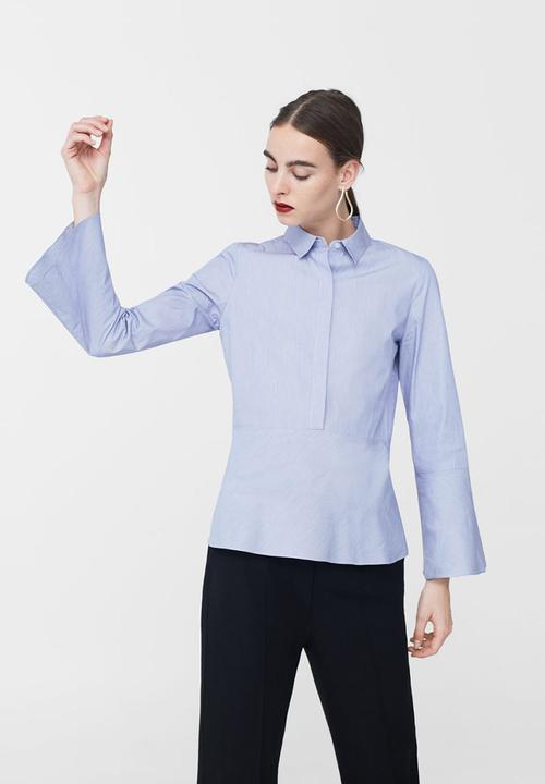 MANGO - Ruffled Sleeve Shirt Pale Blue
