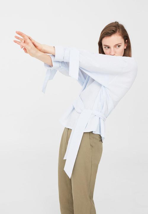 MANGO - Belt Detail Blouse Pale Blue