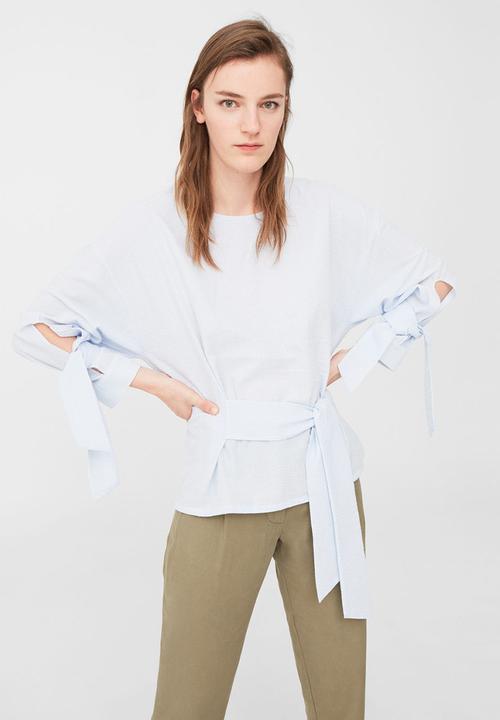 MANGO - Belt Detail Blouse Pale Blue