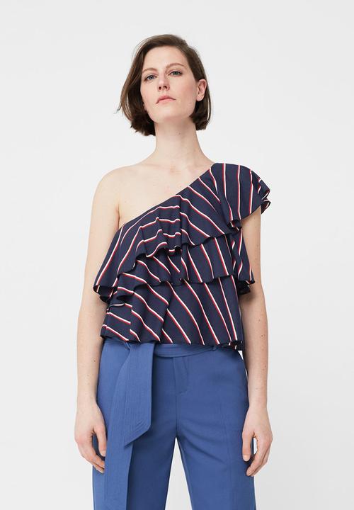 MANGO - One Shoulder Striped Ruffle Blouse Navy