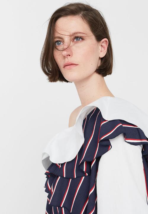 MANGO - One Shoulder Striped Ruffle Blouse Navy